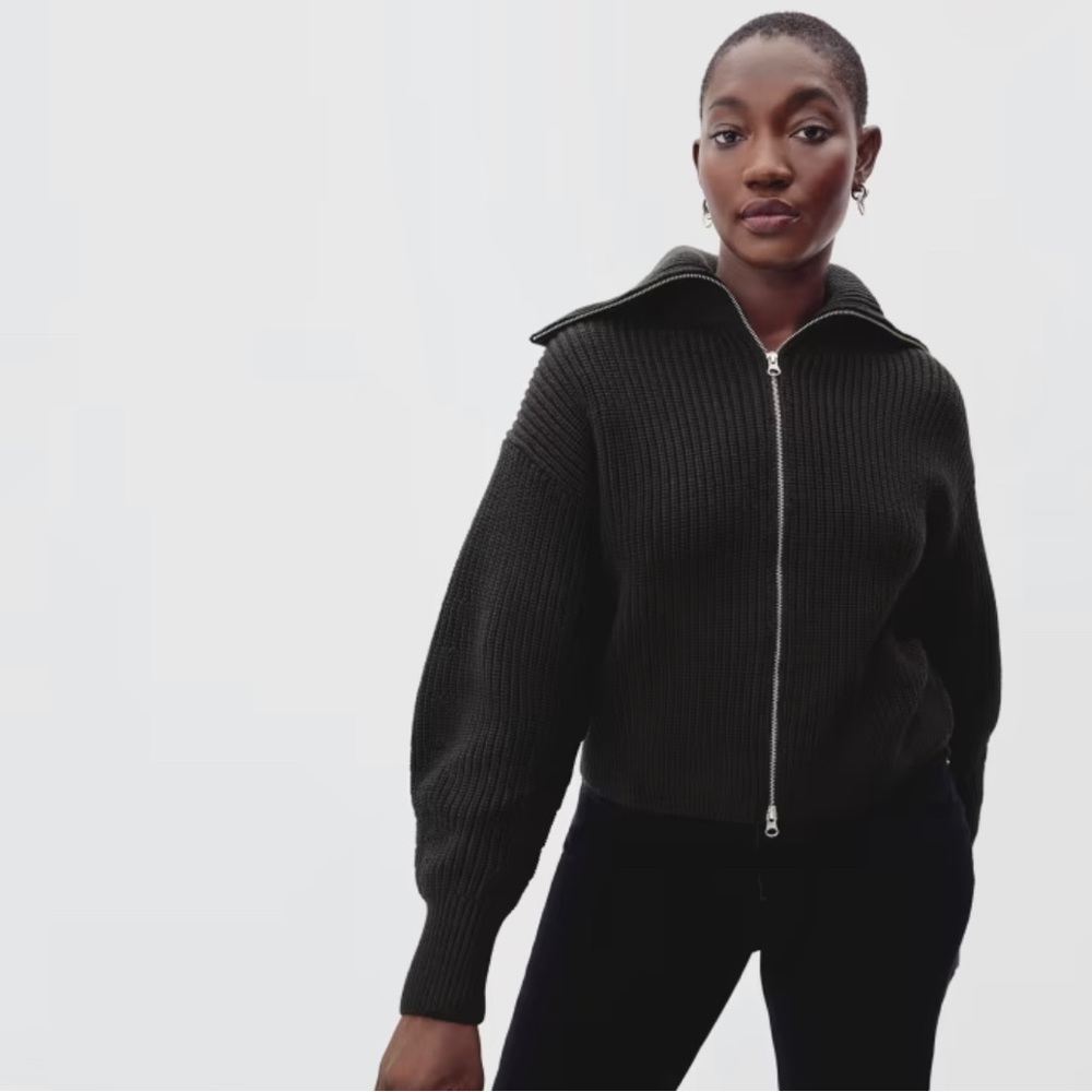 Everlane Black Chunky Knit Zip Cardigan